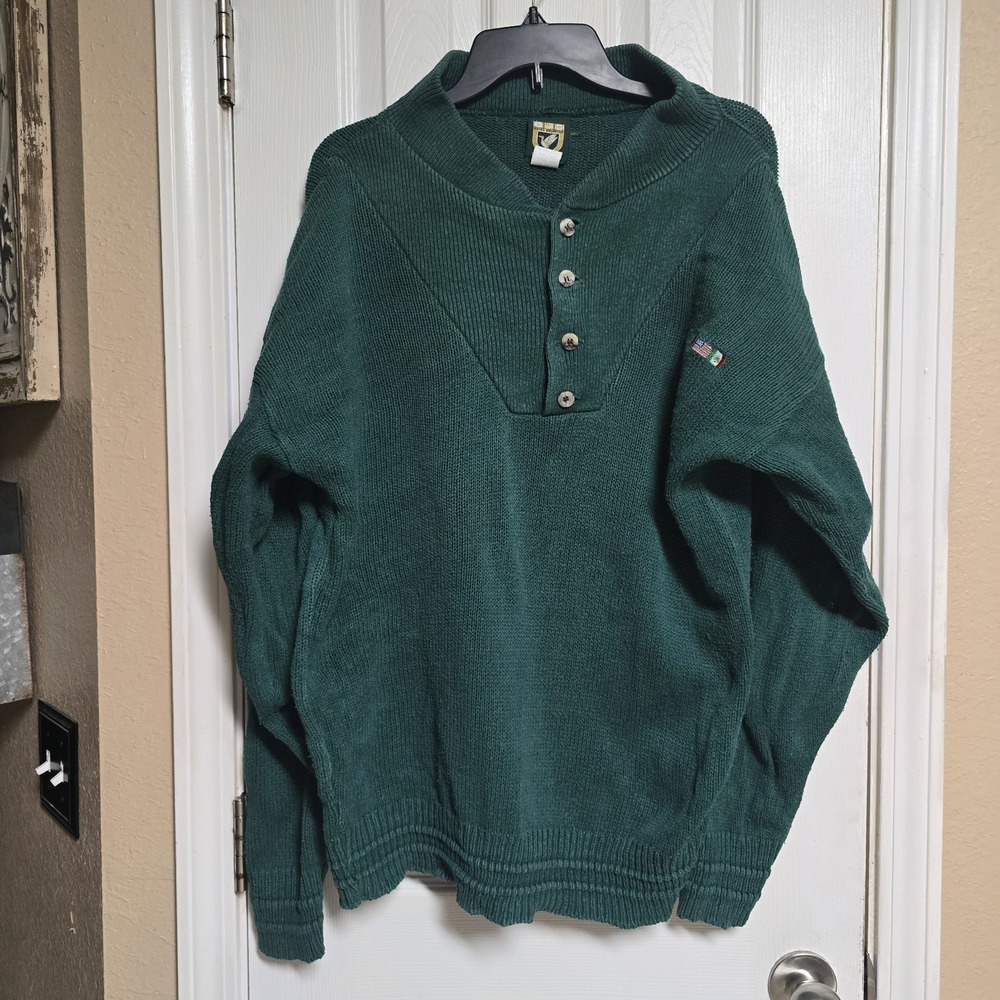Vintage Ducks Unlimited Sweater Mens L Green Cotton Shawl Collar USA Flags 90s